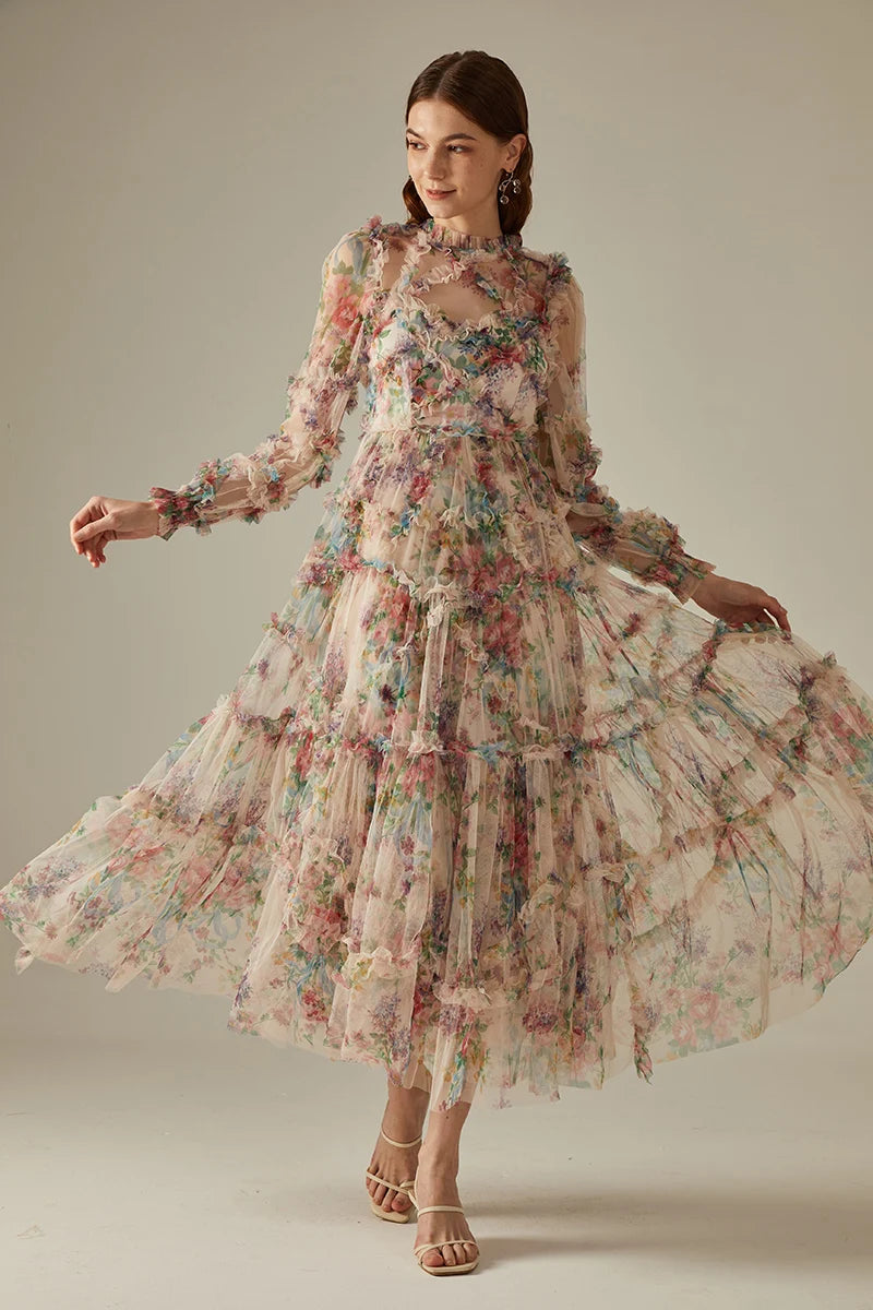 Elegant Lace Floral Prom Dress – Pleated Long Sleeve Gala Evening Dress for Women