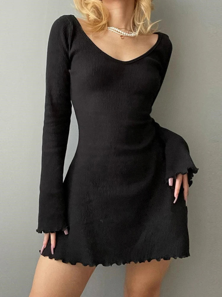 Elegant Knit Dress – V-Neck Solid Color Slim Dress for Women