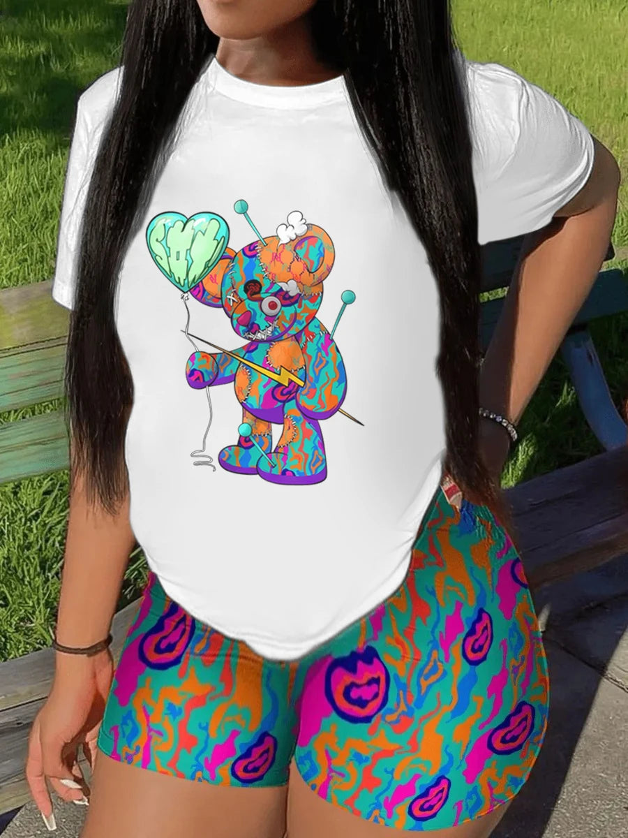2023 Women's Casual O-neck Cartoon Print T-Shirt & Shorts Set