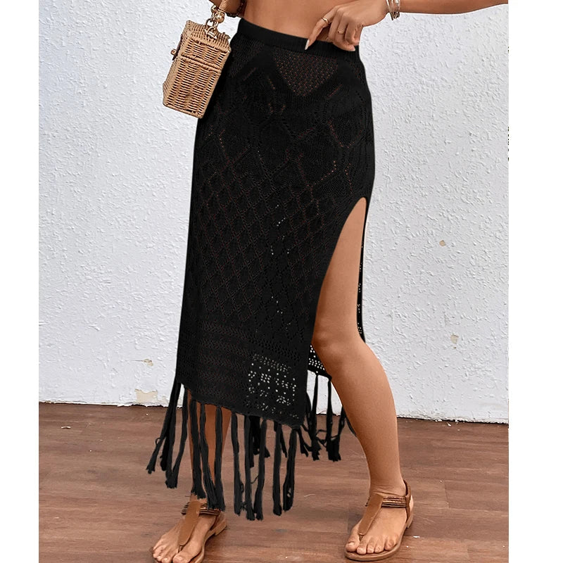 Women’s Knitted Tassel Sarong Skirt - High Slit Bikini Cover-Up