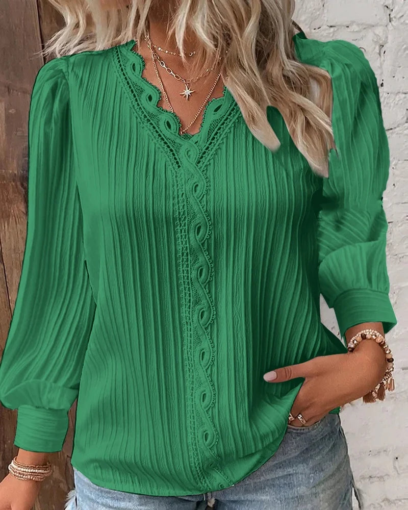 Elegant V-Neck Lace Patchwork Blouse – Women's Long-Sleeve Chic Shirt for Summer & Casual Wear