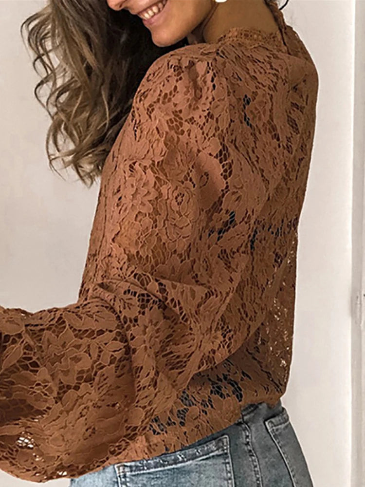Elegant Lace Blouse – O-Neck, Flare Sleeve
