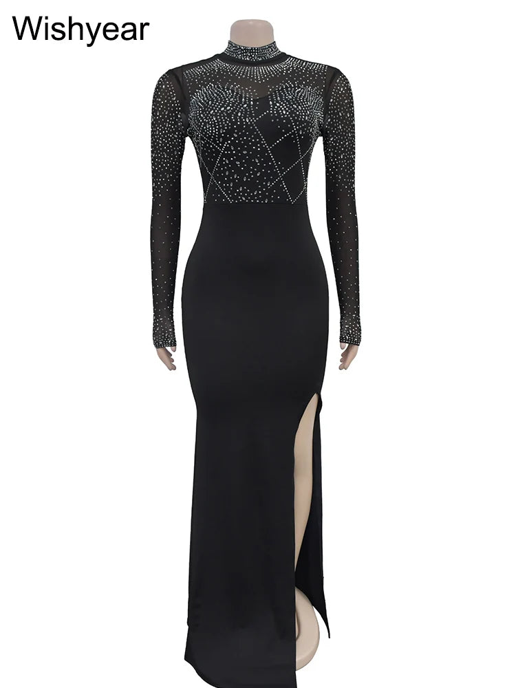 Wishyear Mermaid Evening Dress – Elegant Mesh Patchwork Long Sleeve High Split Prom Dress for Women
