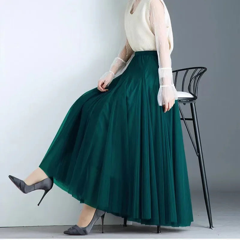 Elegant High-Waisted Pleated Mesh Skirt – Women's Chic A-Line Long Dance Skirt