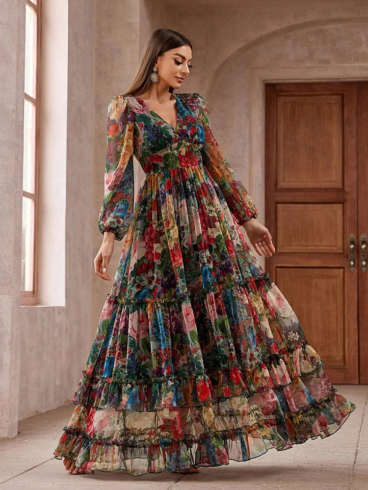TOLEEN Boho Floral Frill Maxi Dress