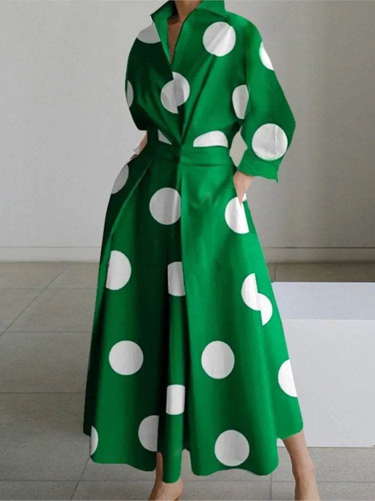Autumn Long Sleeve Dot Print Maxi Dress – Elegant V-Neck Shirt Party Dress for Women