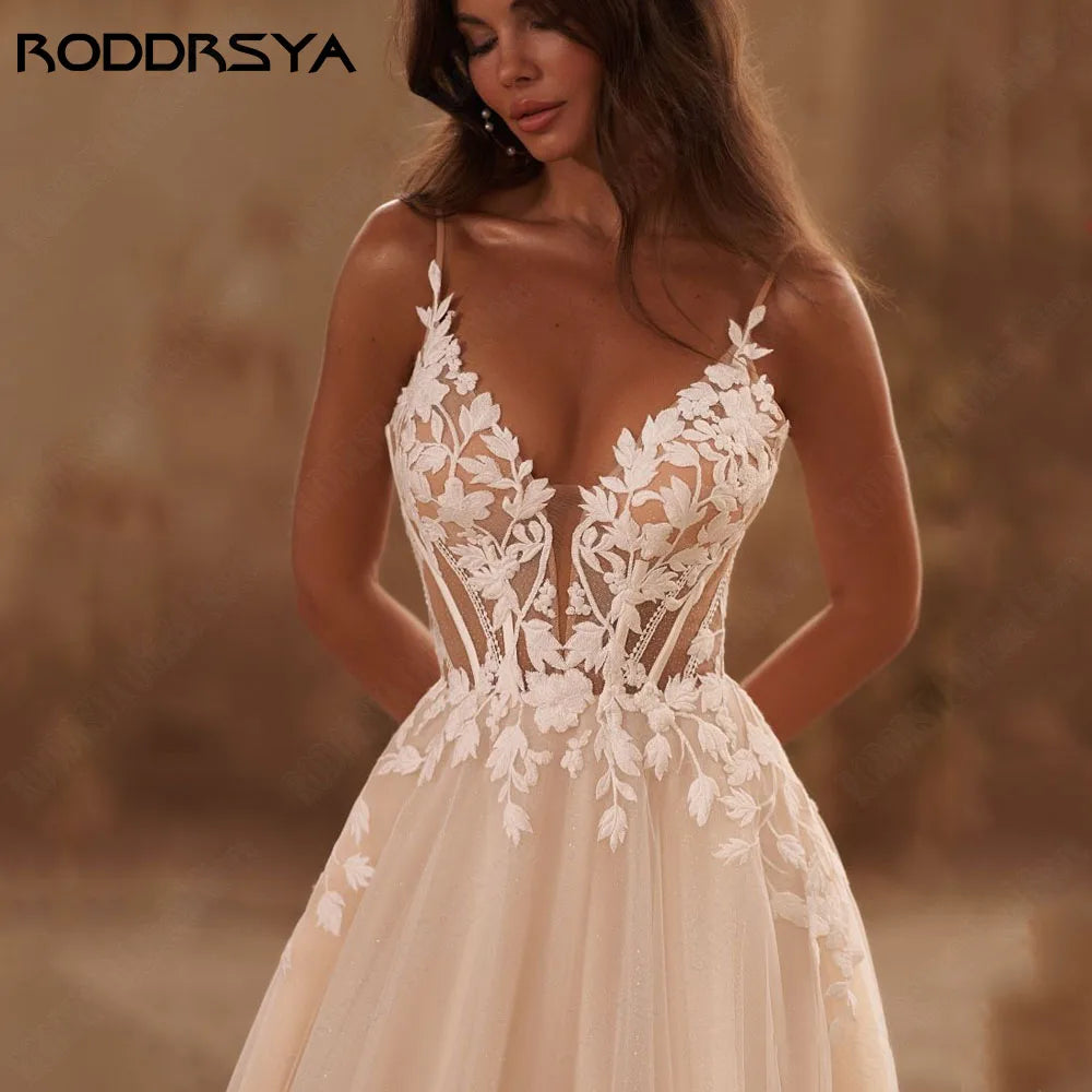 RODDRSYA Glitter Wedding Dress – Spaghetti Straps V-Neck Backless Boho Bridal Gown with Train