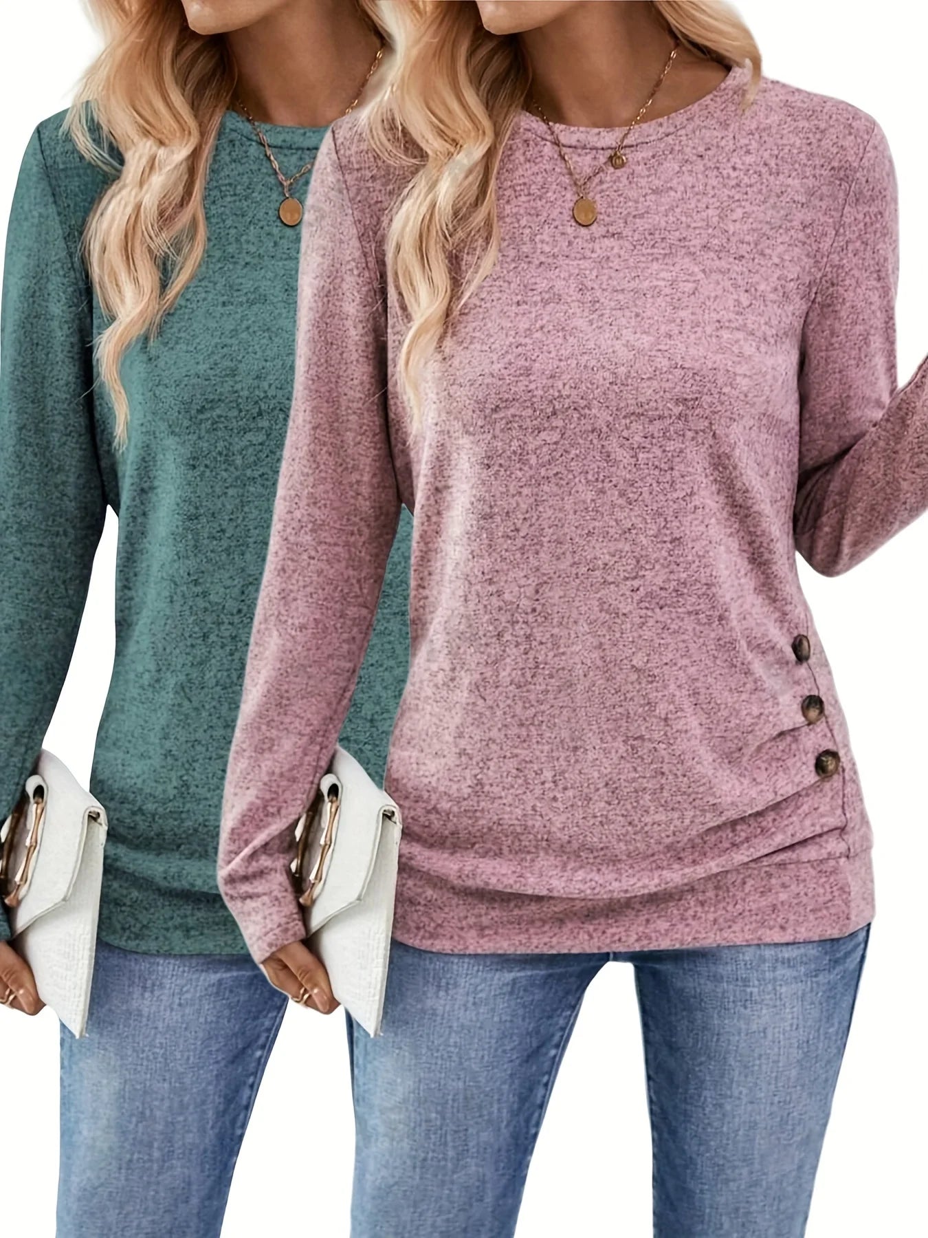 Elegant Ruched Long-Sleeve T-Shirt – Women's Button Decor Casual Top for Spring & Fall