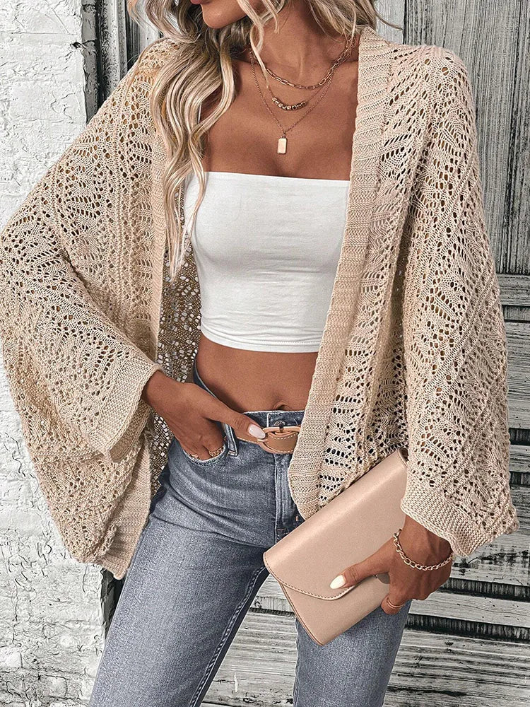 Elegant Open-Front Knit Cardigan – Women's Solid Color Batwing Sleeve Loose Cover-Up