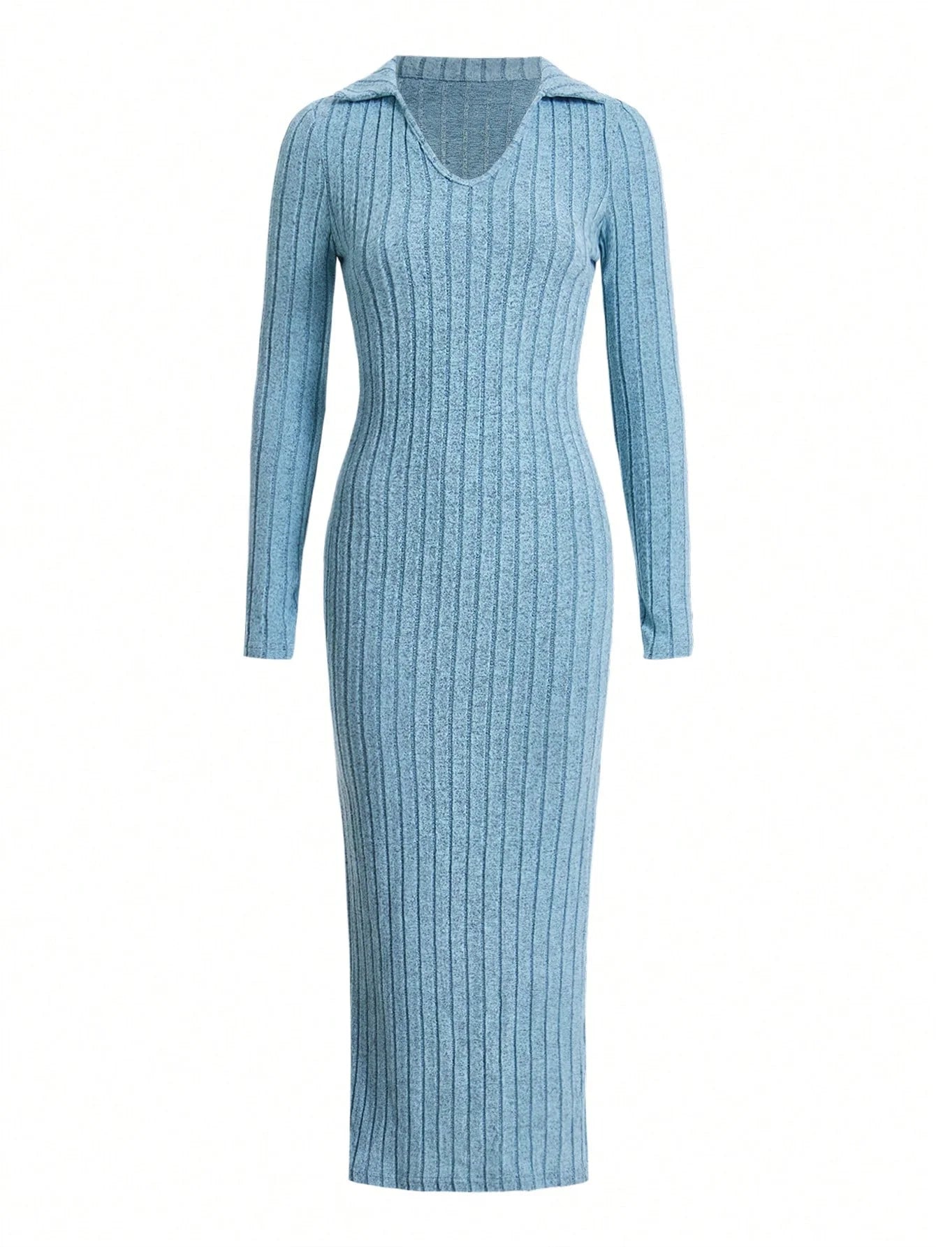 Sexy Knit V-Neck Split Dress – Elastic Full Sleeve Body Sweater for Autumn Winter