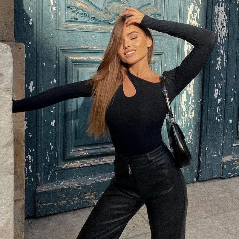 Y2K Sexy Hollow-Out Bodysuit – Women's Long-Sleeve Irregular Bodycon Romper