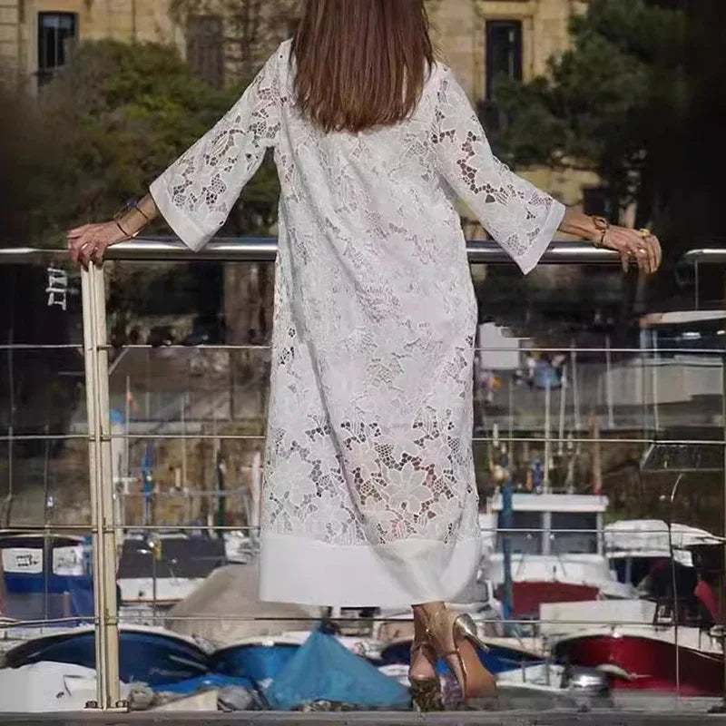 Elegant White Lace Hollow Evening Dress – V-Neck Contrast Patchwork Mesh Party Dress for Women