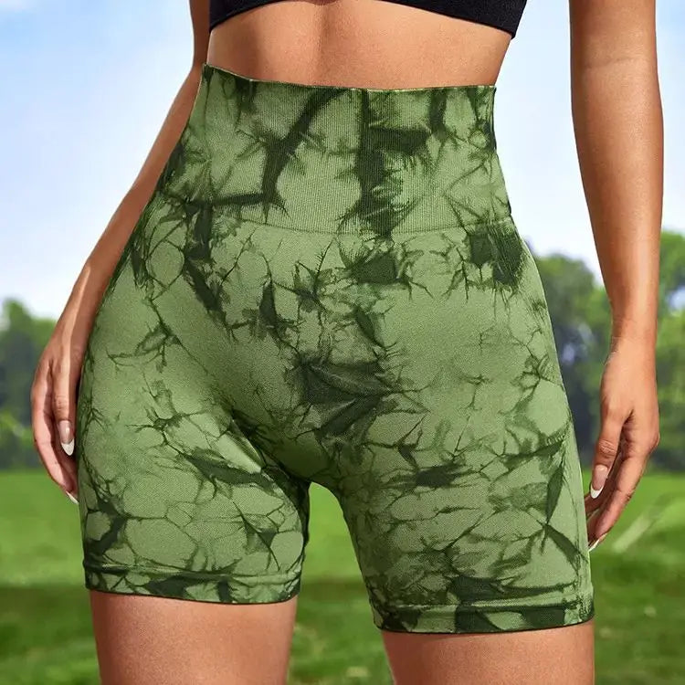 Seamless Tie-Dye High-Waist Shorts – Women's Push-Up Tummy Control Gym & Yoga Shorts