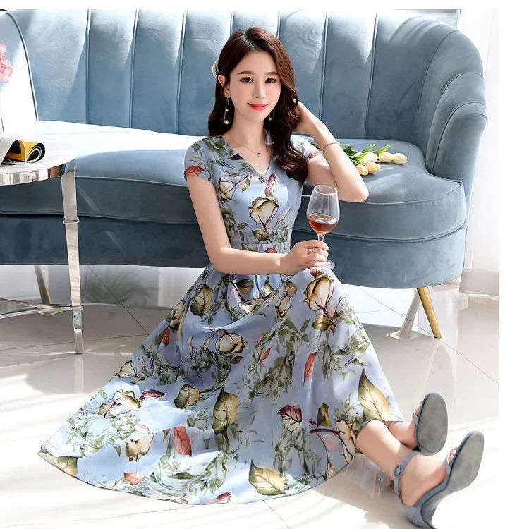 V-Neck Short Sleeve Waist-Fitted Dress – Elegant Slimming Summer Midi Dress for Women