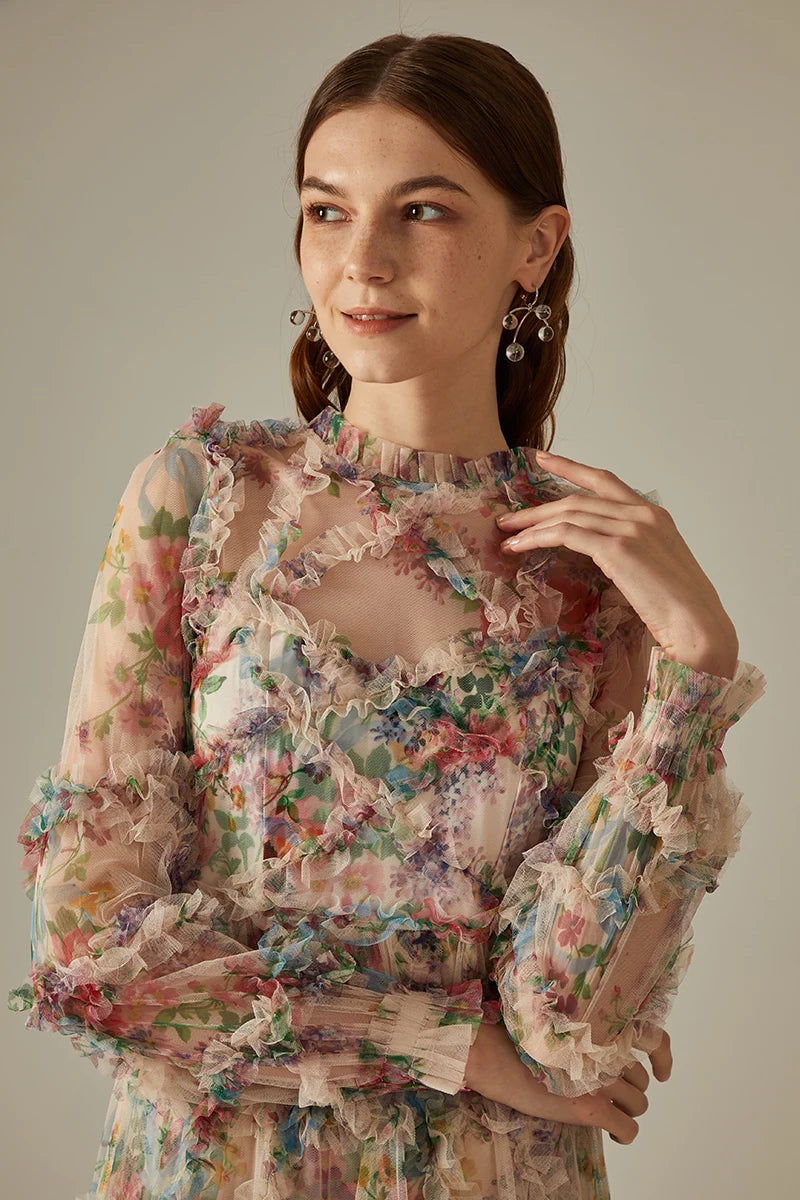 Elegant Lace Floral Prom Dress – Pleated Long Sleeve Gala Evening Dress for Women