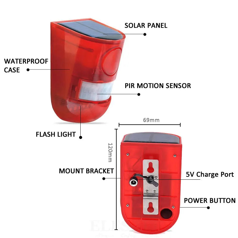 SolarGuard Motion Sensor Alarm with 110dB Siren & Strobe Light