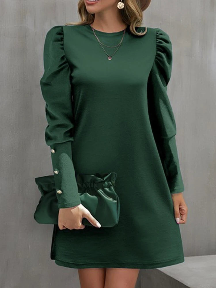 Elegant Autumn A-Line Midi Dress – Casual Loose Long Sleeve Black Dress for Women