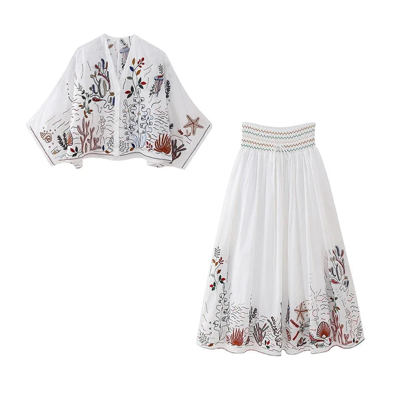 New Women’s Pleated Embroidered Top and Skirt Set