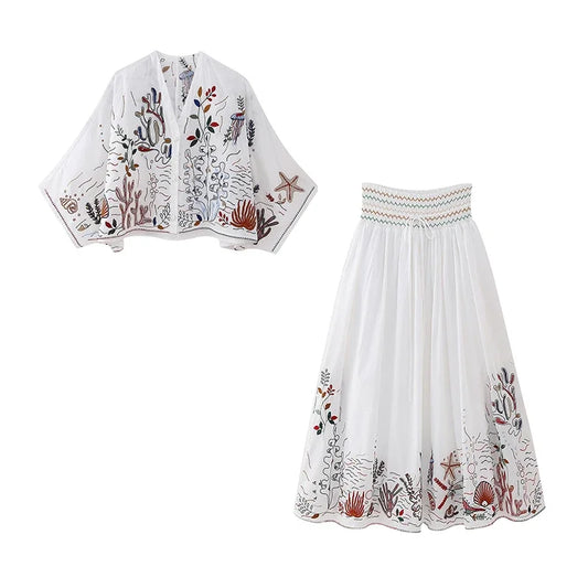New Women’s Pleated Embroidered Top and Skirt Set