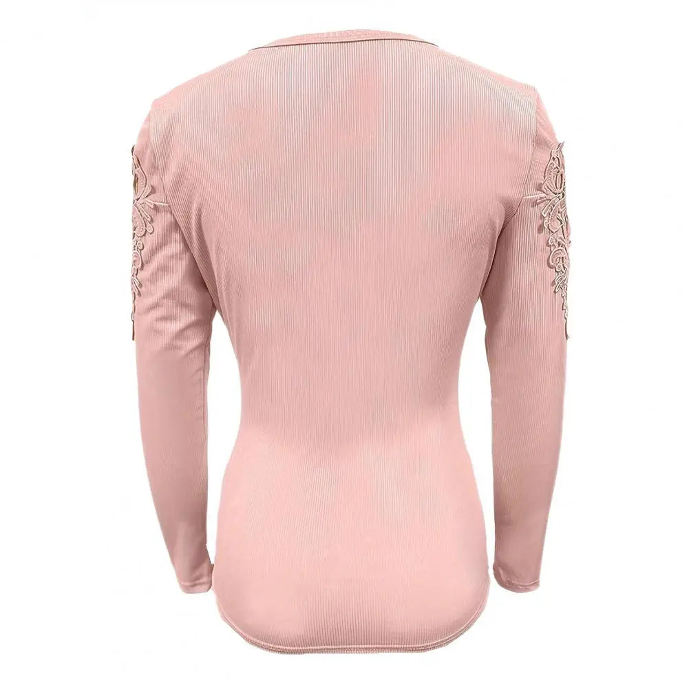 Elegant Lace Patchwork Round Neck Pullover Top for Women