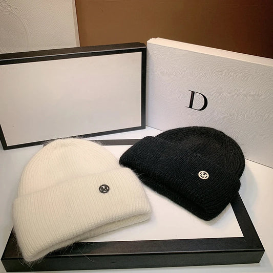 Luxurious Rabbit Fur Beanie - Cozy Black & White Knit Winter Hat
