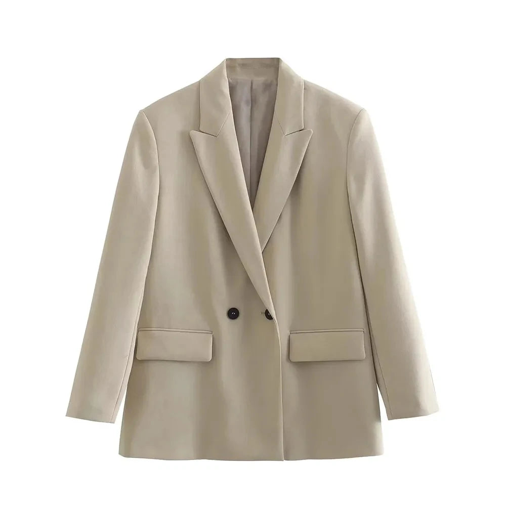 Chic Double-Breasted Blazer Coat – Women's Loose-Fit Long Sleeve Vintage Outerwear with Pockets