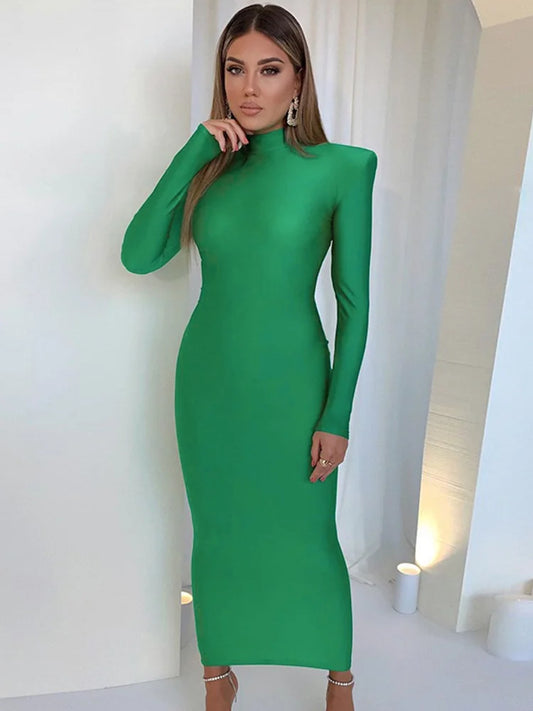 Shoulder Padded Bodycon Maxi Dress – Green Long Sleeve Party Dress for Women