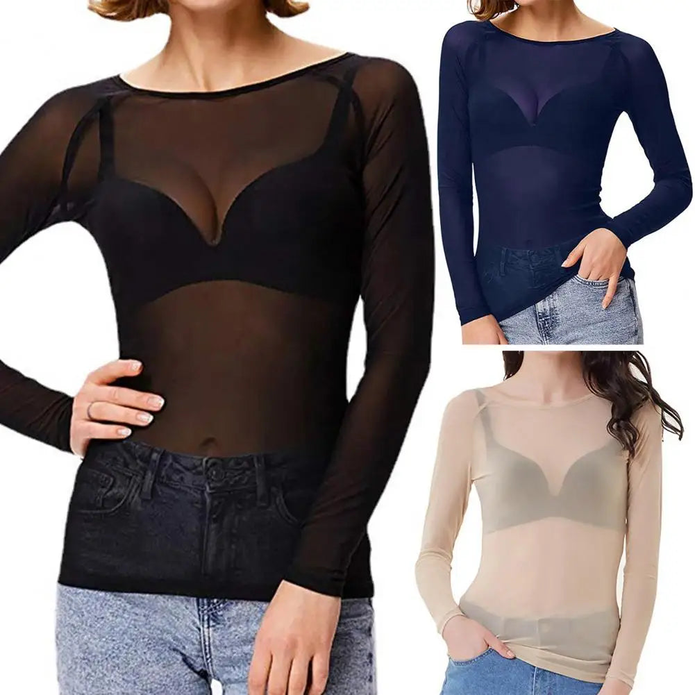 Women's Sheer Mesh Long Sleeve Top – Solid Color Punk Club Shirt