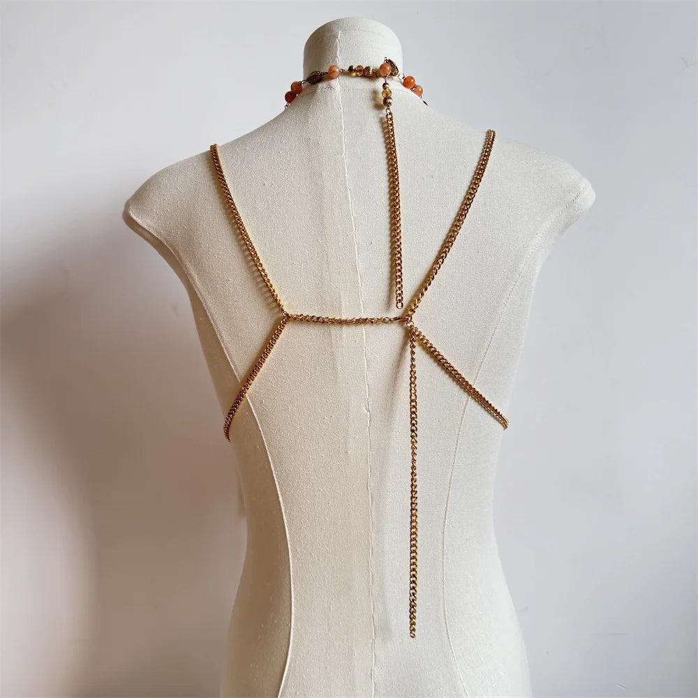 Exaggerated Pearl Beaded Body Chain – Women's Hollow-Out Bustier Camisole for Club & Rave Fashion