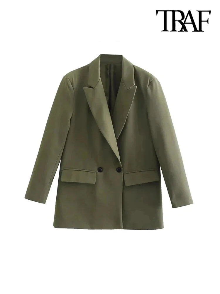 Chic Double-Breasted Blazer Coat – Women's Loose-Fit Long Sleeve Vintage Outerwear with Pockets