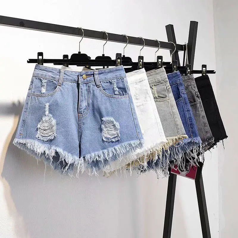 High-Waist Ruffled Denim Shorts – Loose A-Line Fit