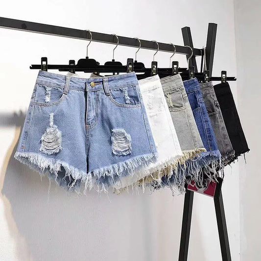 High-Waist Ruffled Denim Shorts – Loose A-Line Fit