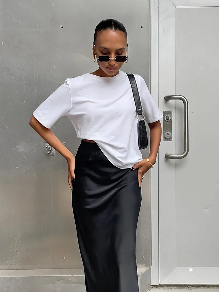 Elegant High-Waist Satin Trumpet Skirt – Women's Slim Fit Long Skirt for Office & Fashion Wear