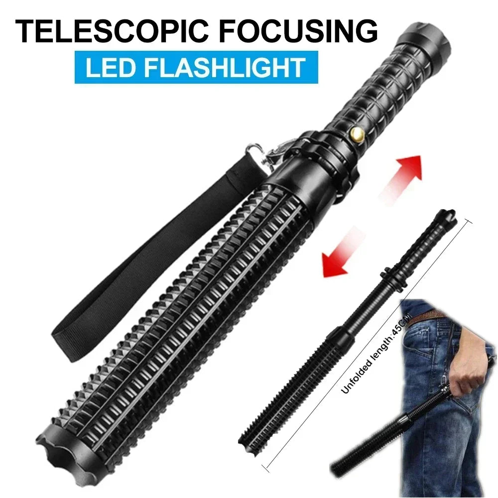 Super Bright Tactical Baseball Bat LED Flashlight - Focusable Zoomable Self-Defense Mace Light & Emergency Torch