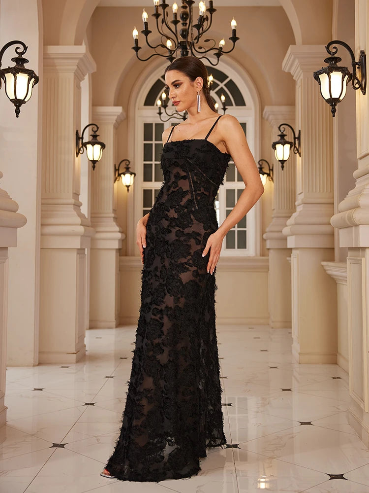 Mingmingxi Elegant Black Applique Maxi Dress