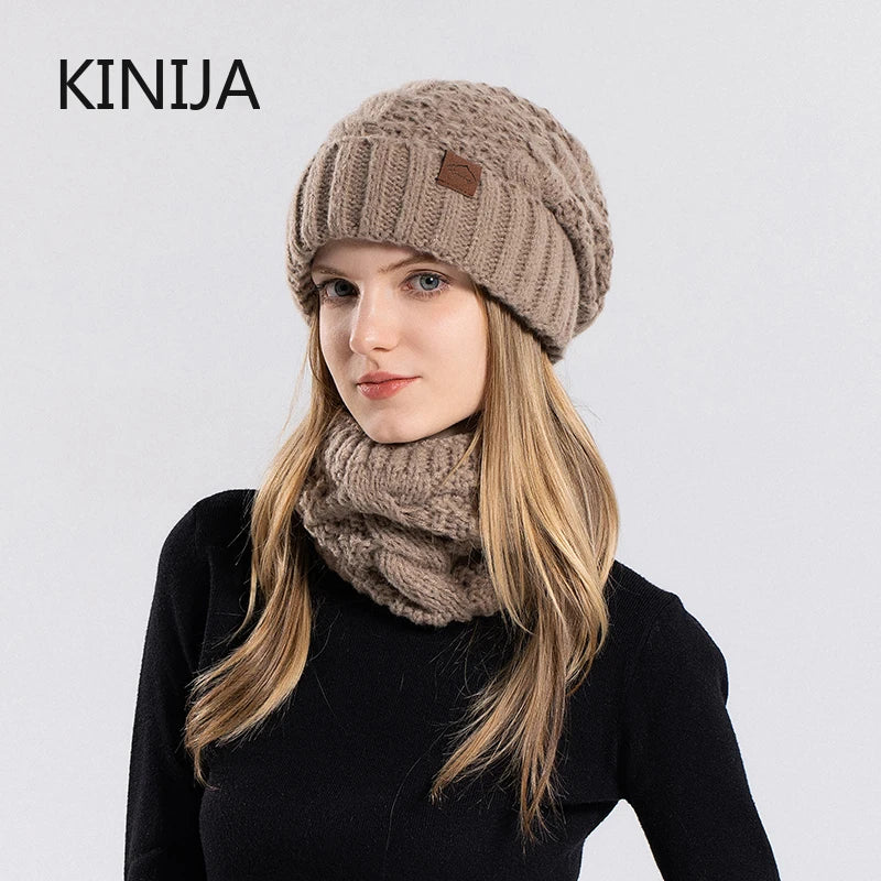 Winter Women's Knitted Hat & Scarf Set with Fleece Lining - Warm Skullcap for Outdoor Cycling & Wind Protection