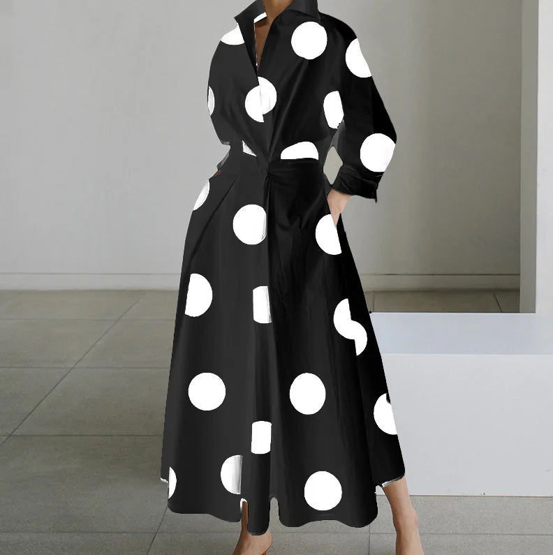 Autumn Long Sleeve Dot Print Maxi Dress – Elegant V-Neck Shirt Party Dress for Women