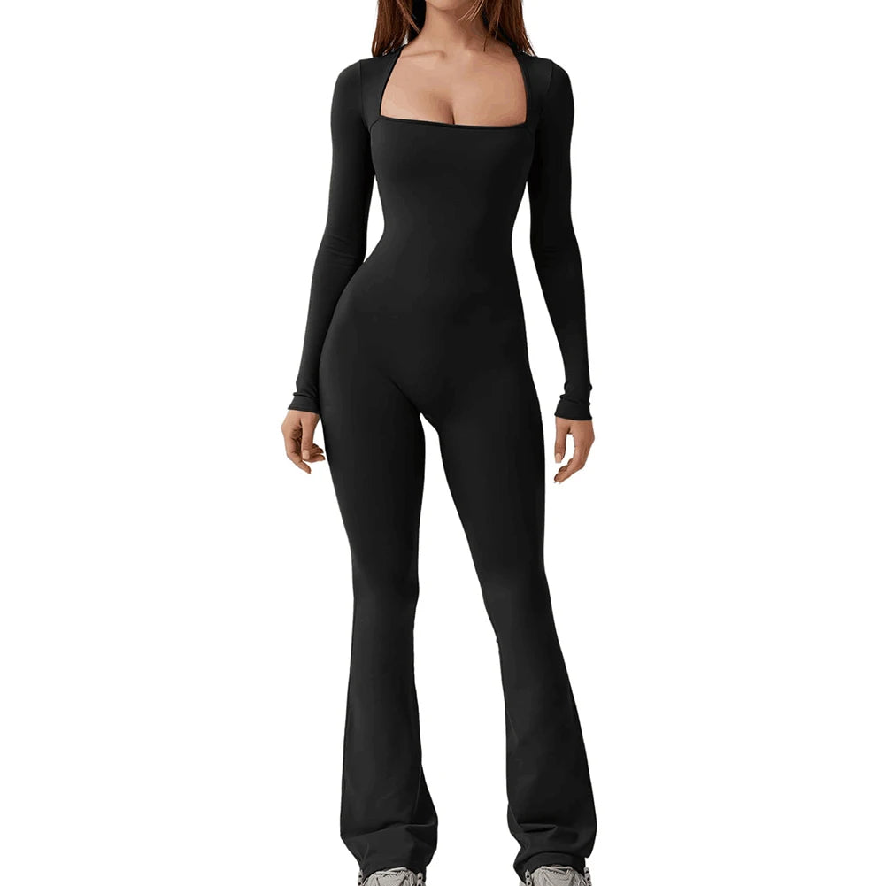 Elegant Square-Neck Flared Jumpsuit – Women's Long-Sleeve Slim Fit Bodycon Romper for Autumn
