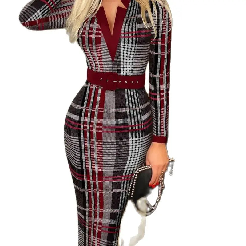 Geometric Pattern V-Neck Midi Dress – Long Sleeve Knit Bodycon with Belt