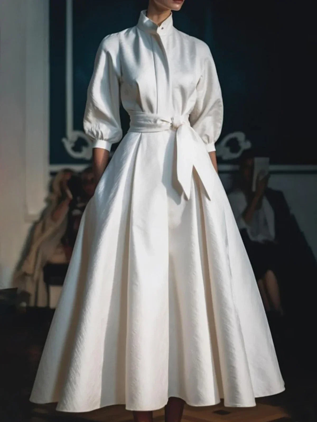 Elegant White Shirt Dress – Long Sleeve Pleated A-Line Wedding Guest Dress with Belt 2024