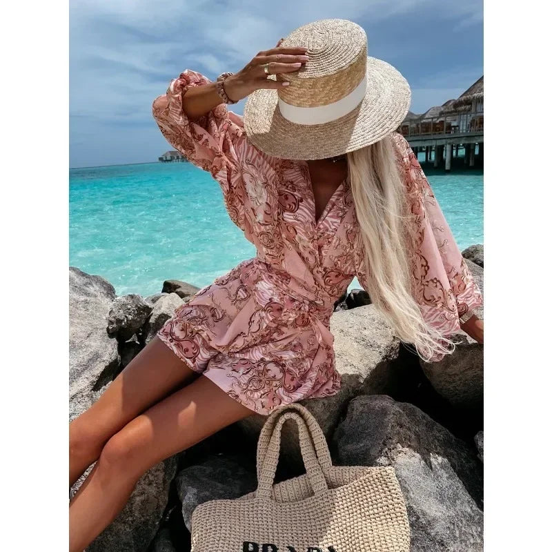 Women's V-neck Printed Long Sleeve Belted Jumpsuit Set