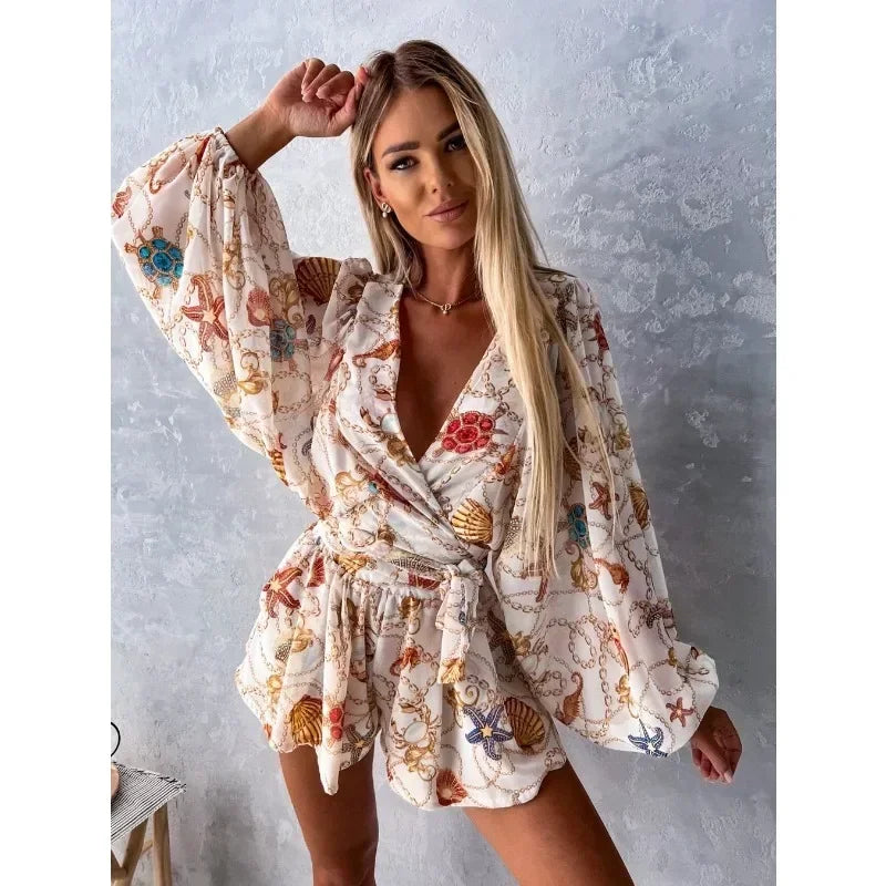 Women's V-neck Printed Long Sleeve Belted Jumpsuit Set