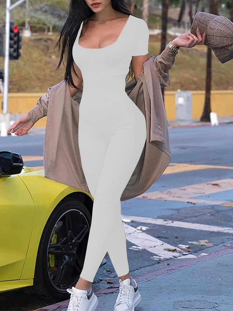 Solid Bodycon Romper – Short Sleeve, Skinny Fit