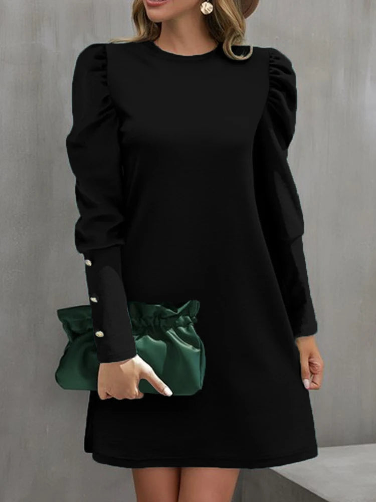 Elegant Autumn A-Line Midi Dress – Casual Loose Long Sleeve Black Dress for Women