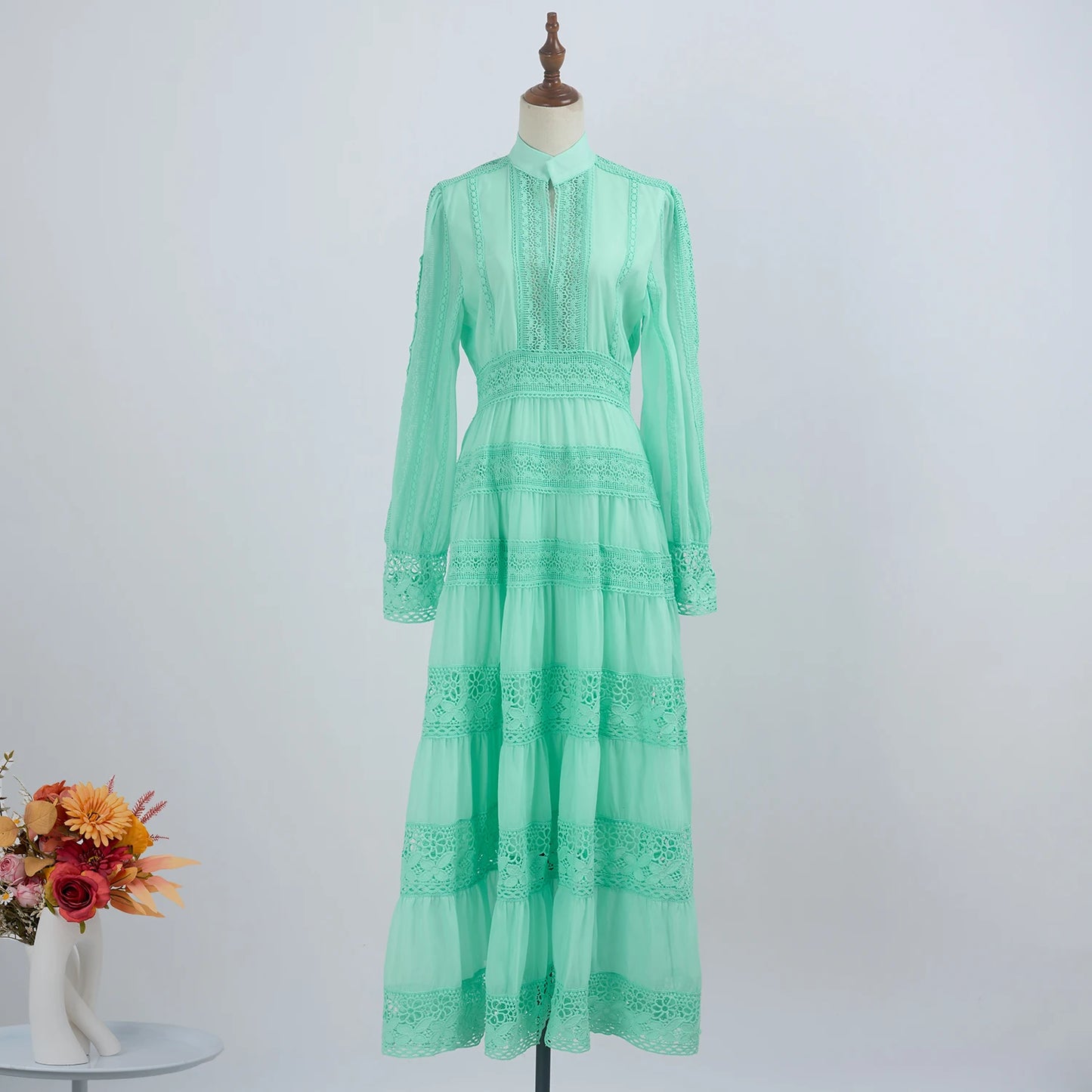 Lace Embroidered Cotton Maxi Dress – Long Sleeve Modest Wedding & Evening Gown for Women