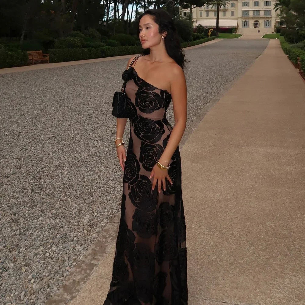 Mingmingxi One-Shoulder Black Mesh Maxi Dress