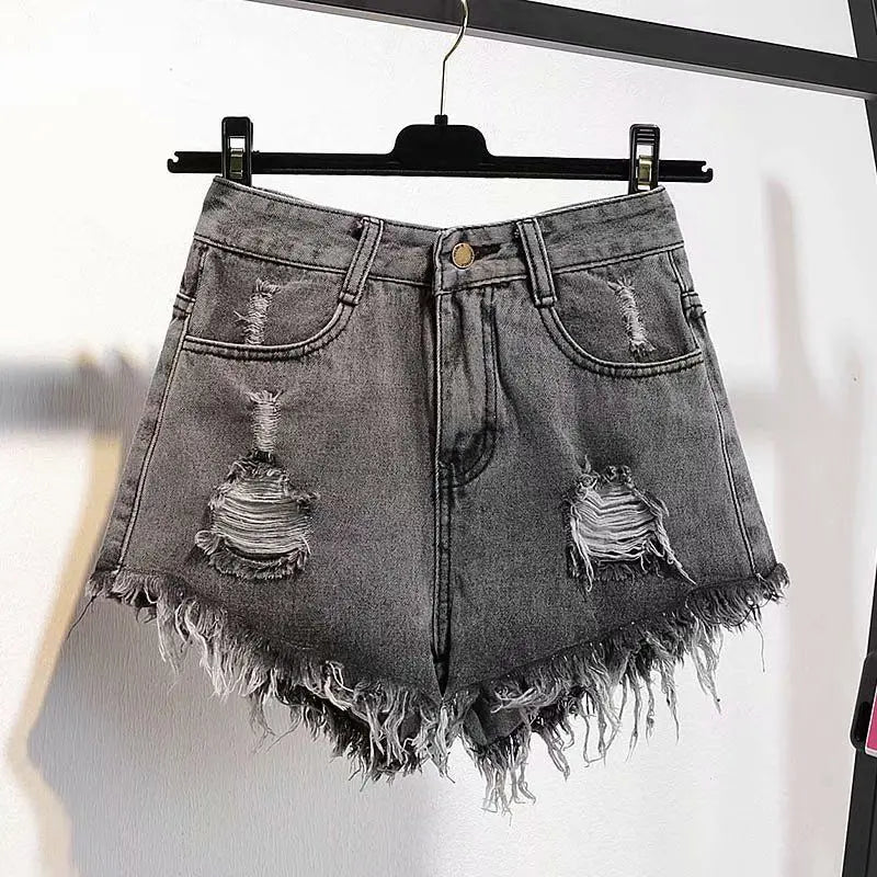 High-Waist Ruffled Denim Shorts – Loose A-Line Fit