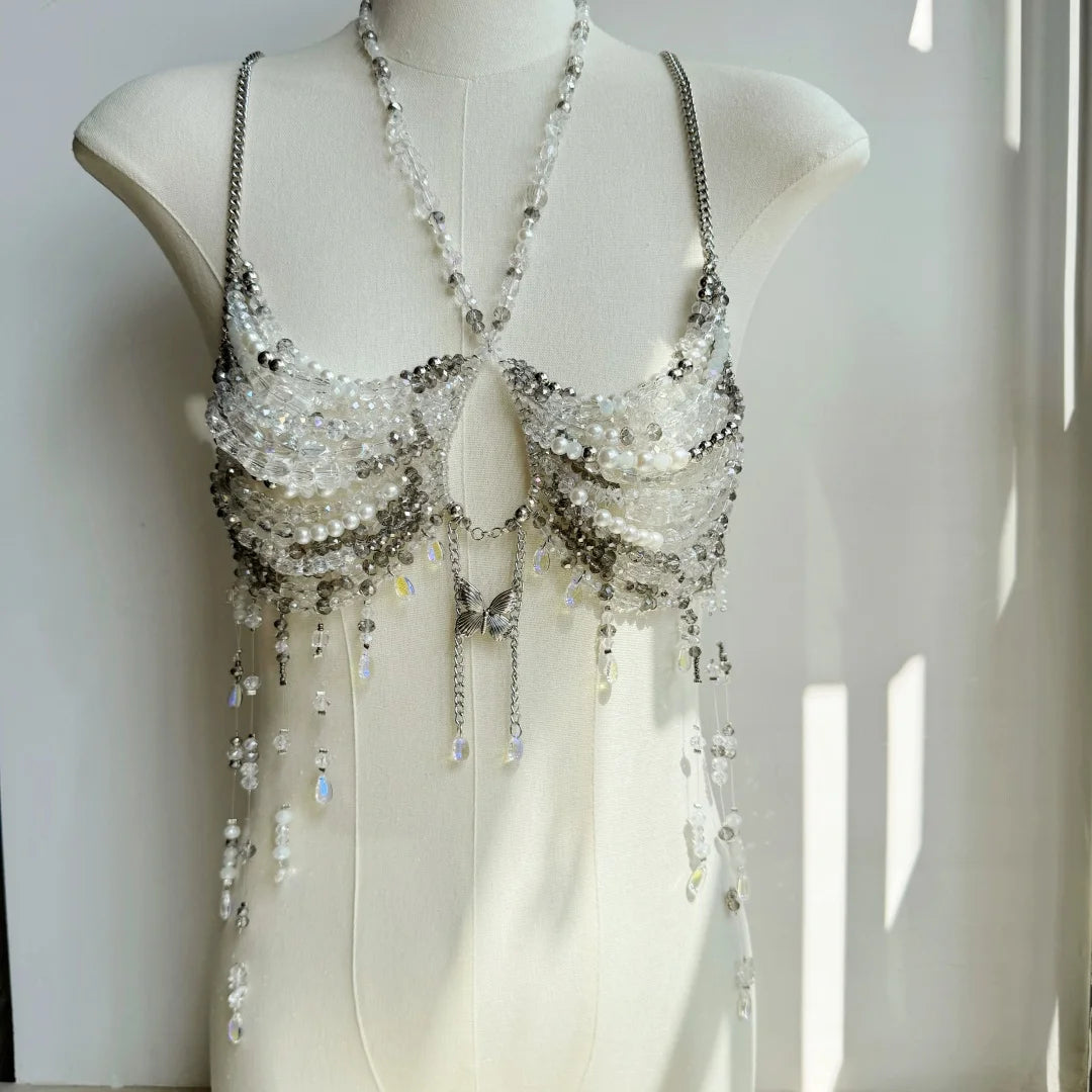 Exaggerated Pearl Beaded Body Chain – Women's Hollow-Out Bustier Camisole for Club & Rave Fashion