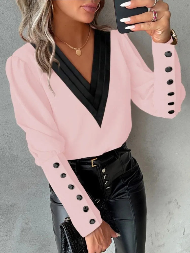 Elegant V-Neck Blouse – Long Sleeve & Casual Fit