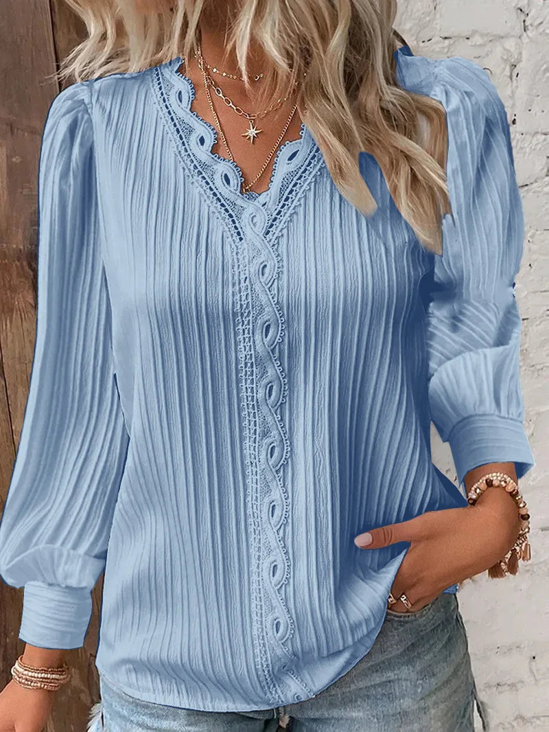 Elegant V-Neck Lace Patchwork Blouse – Women's Long-Sleeve Chic Shirt for Summer & Casual Wear